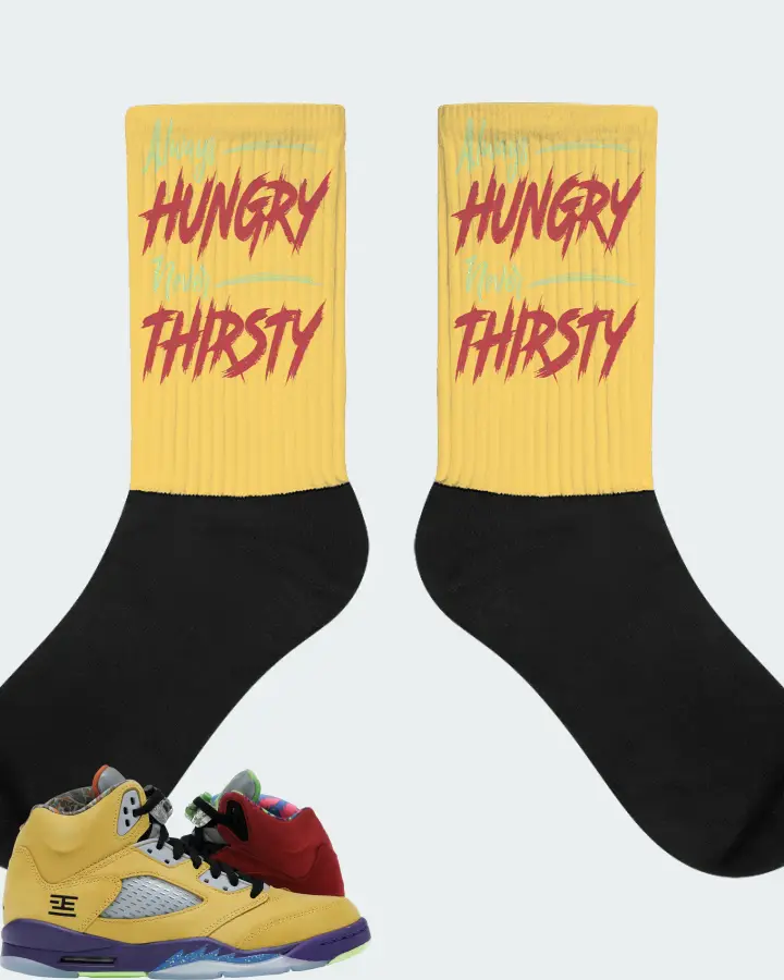 Jordan 5 Retro Sneaker Matching Yellow Socks - Always HUNGRY Never THIRSTY