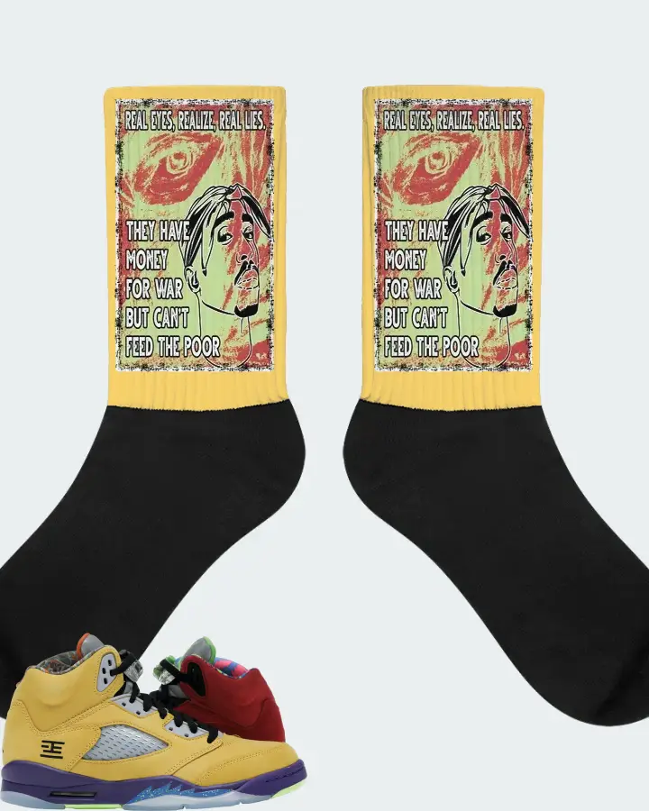 Jordan 5 Retro Sneaker Matching Yellow Socks - TUPAC Real Eyes Realize Real Lies