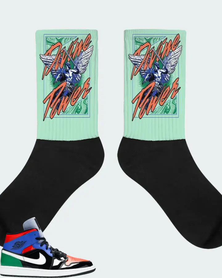 Jordan 1 Mid Sneaker Matching Mint Socks (Divine Power) - View 1