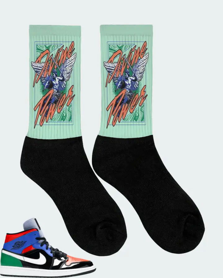 Jordan 1 Mid Sneaker Matching Mint Socks (Divine Power) - View 2