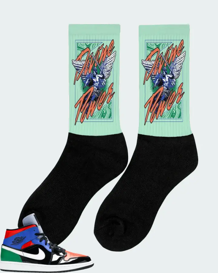 Jordan 1 Mid Sneaker Matching Mint Socks (Divine Power) - View 3