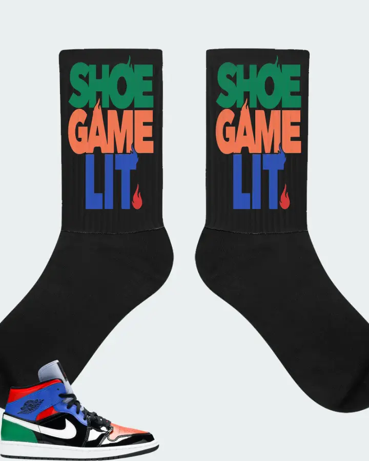 Jordan 1 Mid Sneaker Matching Black Socks - Shoe Game Lit Classic