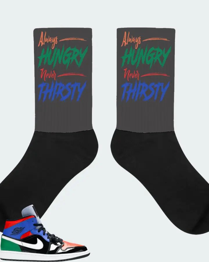Jordan 1 Mid Sneaker Matching Dark Grey Socks - Always HUNGRY Never THIRSTY