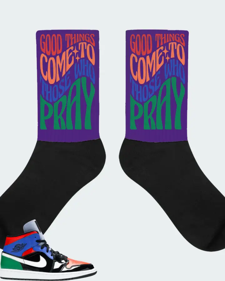 Jordan 1 Mid Sneaker Matching Purple Socks - Good Things Come To Those Who Pray