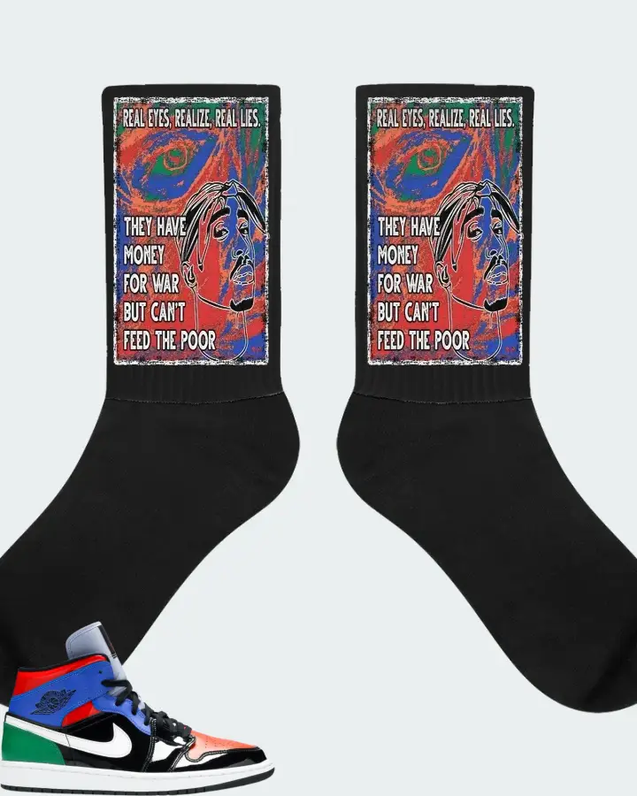 Jordan 1 Mid Sneaker Matching Black Socks - TUPAC Real Eyes Realize Real Lies