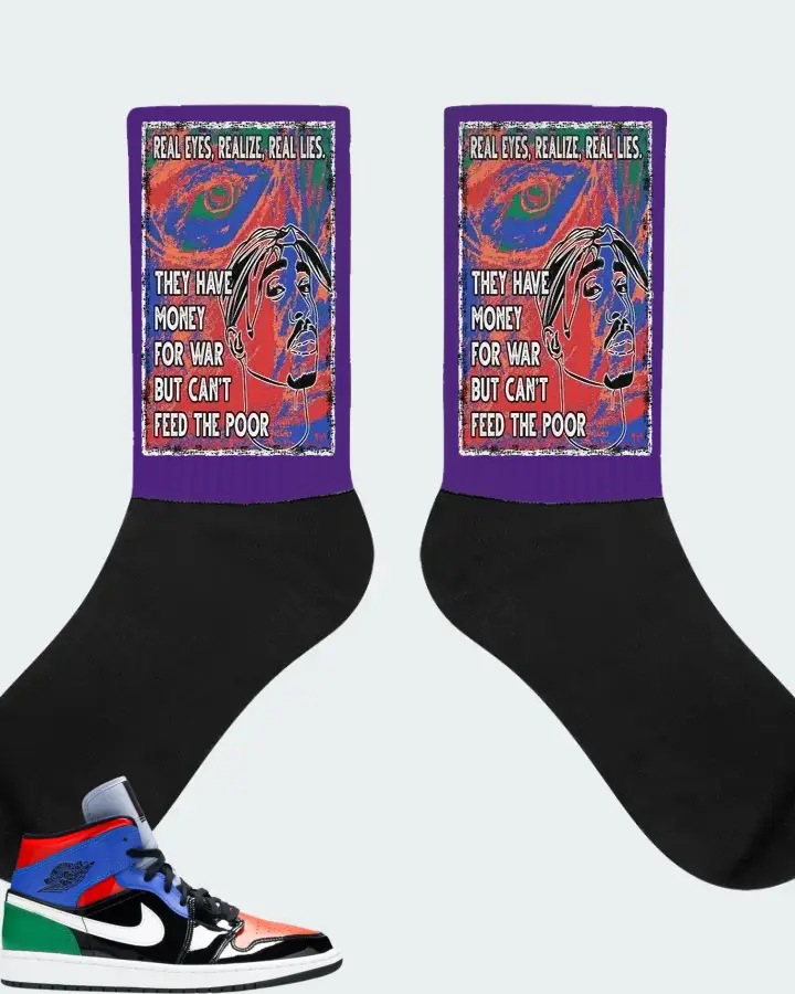 Jordan 1 Mid Sneaker Matching Purple Socks - TUPAC Real Eyes Realize Real Lies