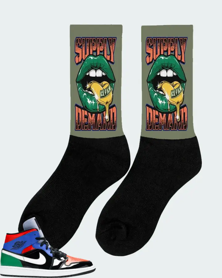 Jordan 1 Mid Sneaker Matching Olive Socks (Supply Demand) - View 3