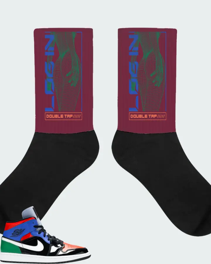 Jordan 1 Mid Sneaker Matching Maroon Socks (LOGIN) - View 1