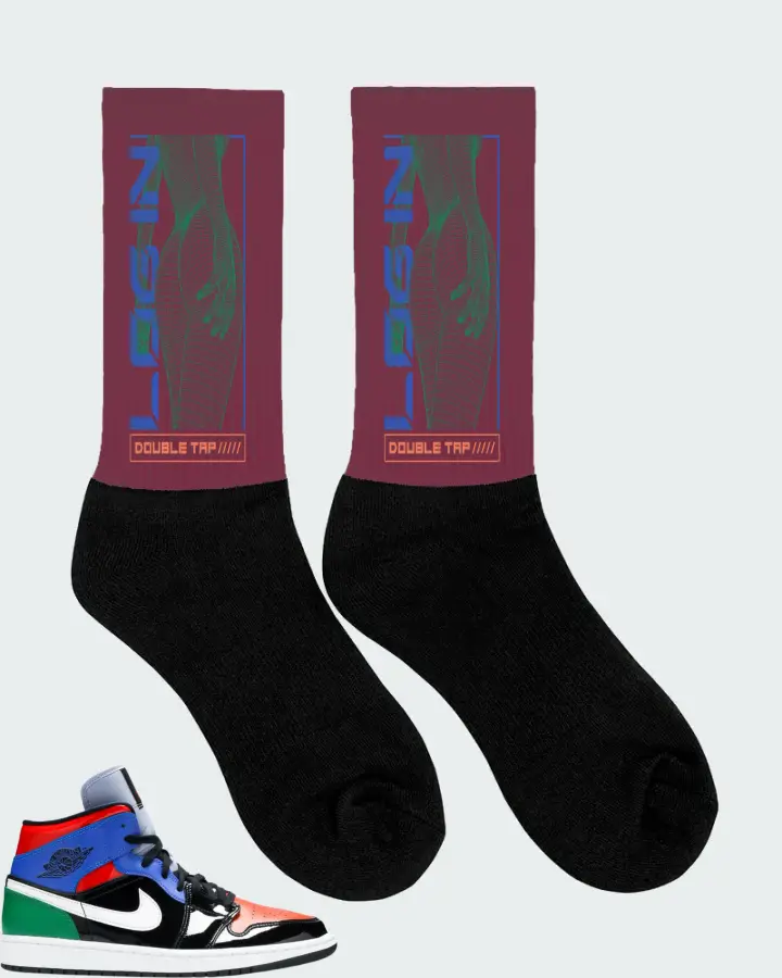 Jordan 1 Mid Sneaker Matching Maroon Socks (LOGIN) - View 2