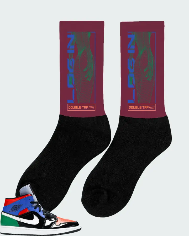 Jordan 1 Mid Sneaker Matching Maroon Socks (LOGIN) - View 3