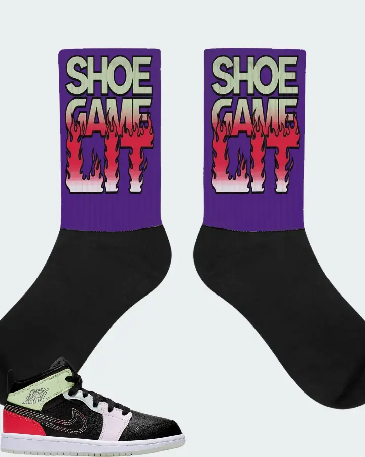 Jordan 1 Mid Sneaker Matching Purple Socks - Shoe Game Lit Refreshed