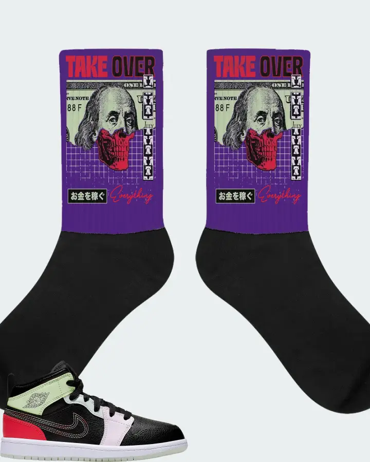 Jordan 1 Mid Sneaker Matching Purple Socks - Take Over