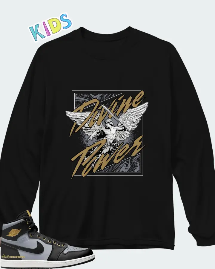 Air Jordan 1 High 85 Wings Black Wolf Grey Metallic Gold Matching Kid's Long Sleeve T-Shirt
