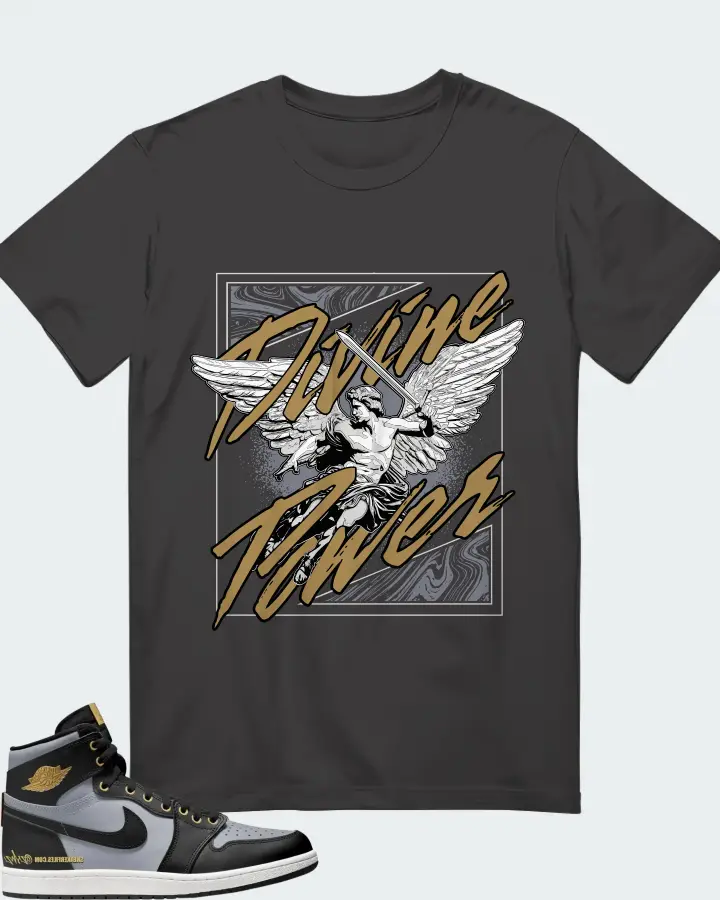 Air Jordan 1 High 85 Wings Black Wolf Grey Metallic Gold Matching T-Shirt
