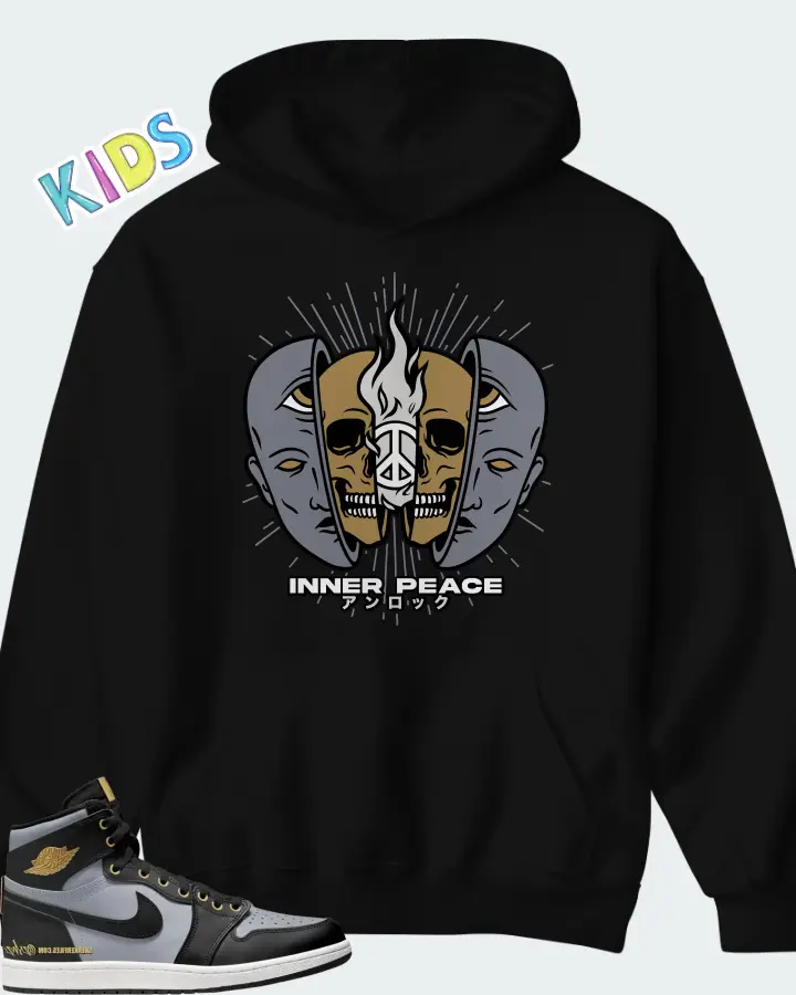 Air Jordan 1 High 85 Wings Black Wolf Grey Metallic Gold Matching Kid's Hoodie