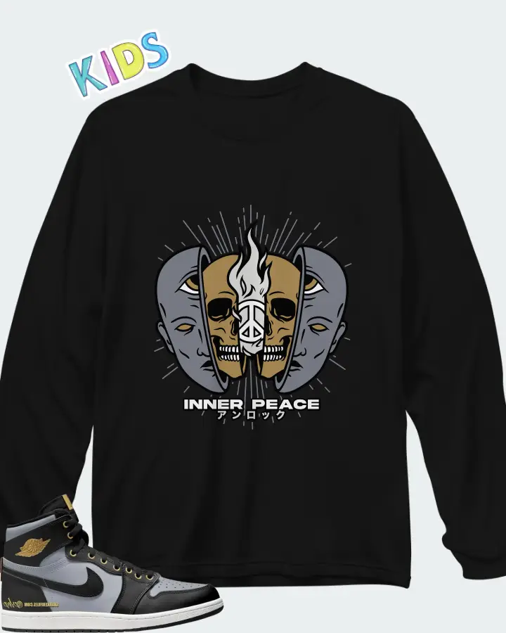 Air Jordan 1 High 85 Wings Black Wolf Grey Metallic Gold Matching Kid's Long Sleeve T-Shirt