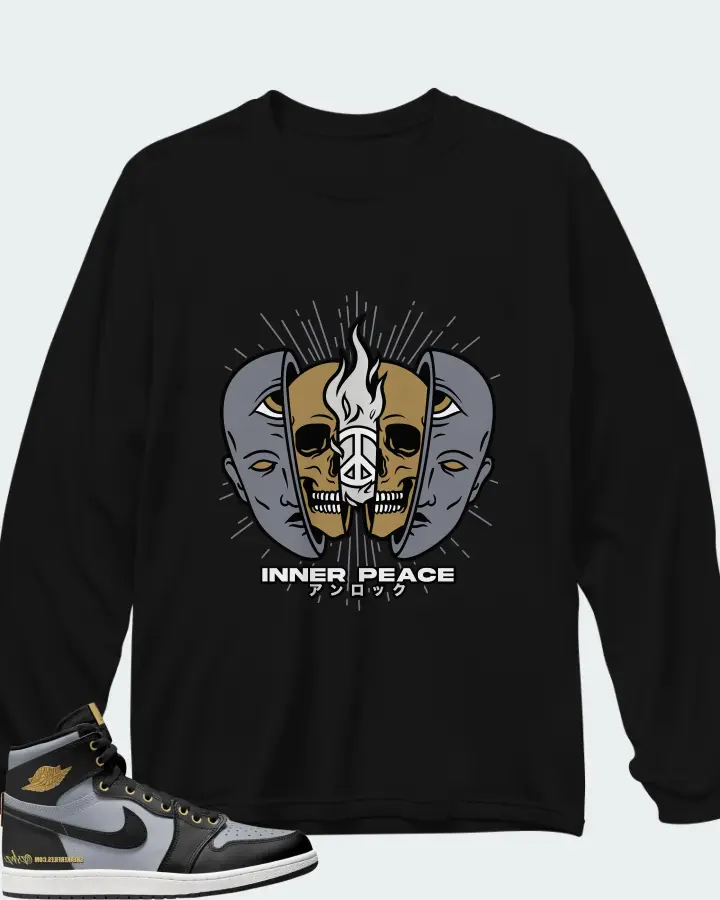 Air Jordan 1 High 85 Wings Black Wolf Grey Metallic Gold Matching Long Sleeve T-Shirt