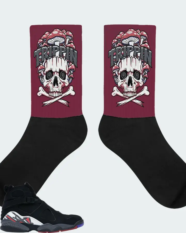 Jordan 8 Retro Sneaker Matching Maroon Socks (Trippin Skull) - View 1