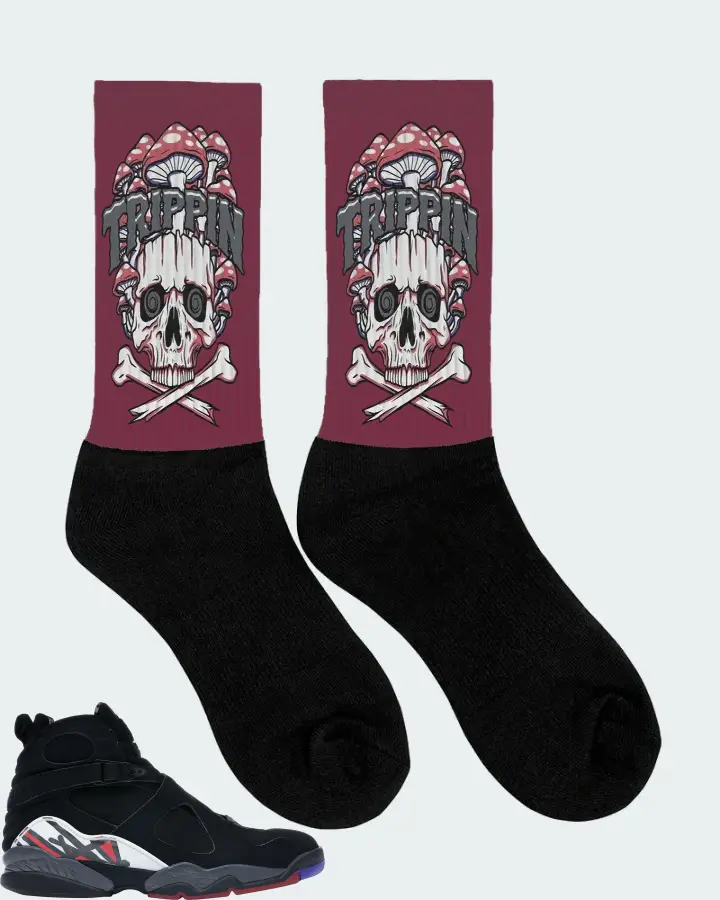 Jordan 8 Retro Sneaker Matching Maroon Socks (Trippin Skull) - View 2