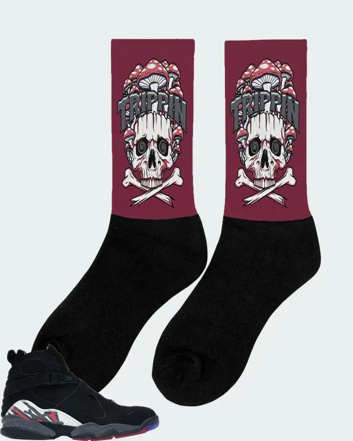 Jordan 8 Retro Sneaker Matching Maroon Socks (Trippin Skull) - View 3