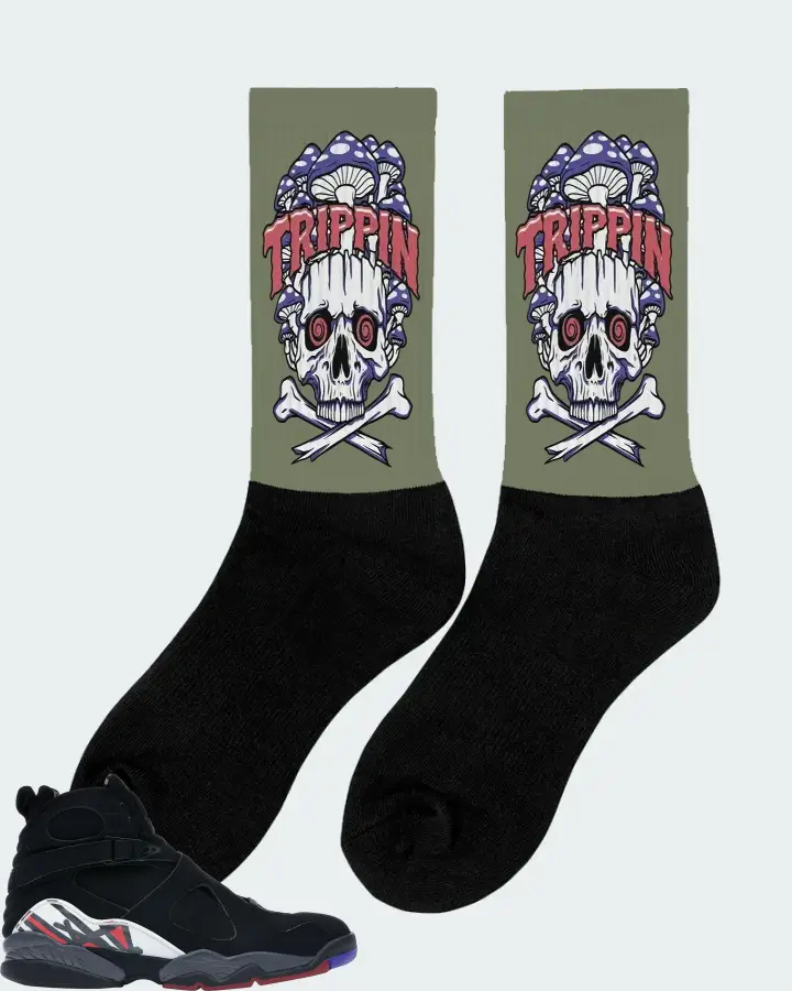 Jordan 8 Retro Sneaker Matching Olive Socks (Trippin Skull) - View 3