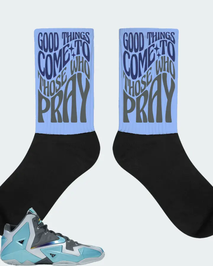 Nike LeBron 11 Sneaker Matching Carolina Blue Socks - Good Things Come To Those Who Pray