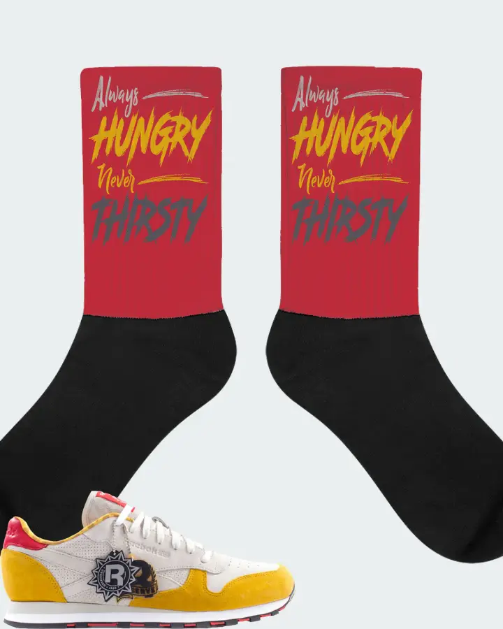 Reebok Classic Leather Sneaker Matching Red Socks - Always HUNGRY Never THIRSTY