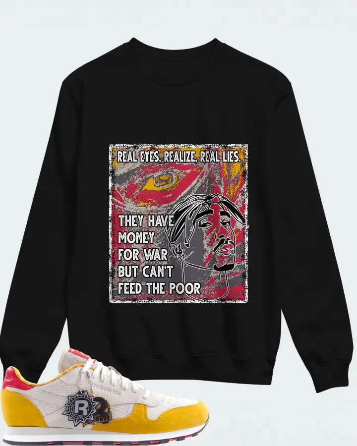 Reebok Classic Leather Sneaker Matching Black Sweatshirt - TUPAC Real Eyes Realize Real Lies