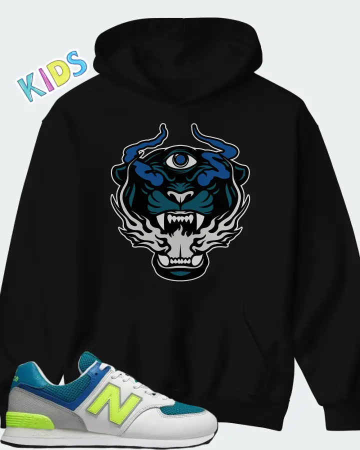 New Balance 574 Deep Ozone Blue Bleached Lime Matching Kid's Hoodie