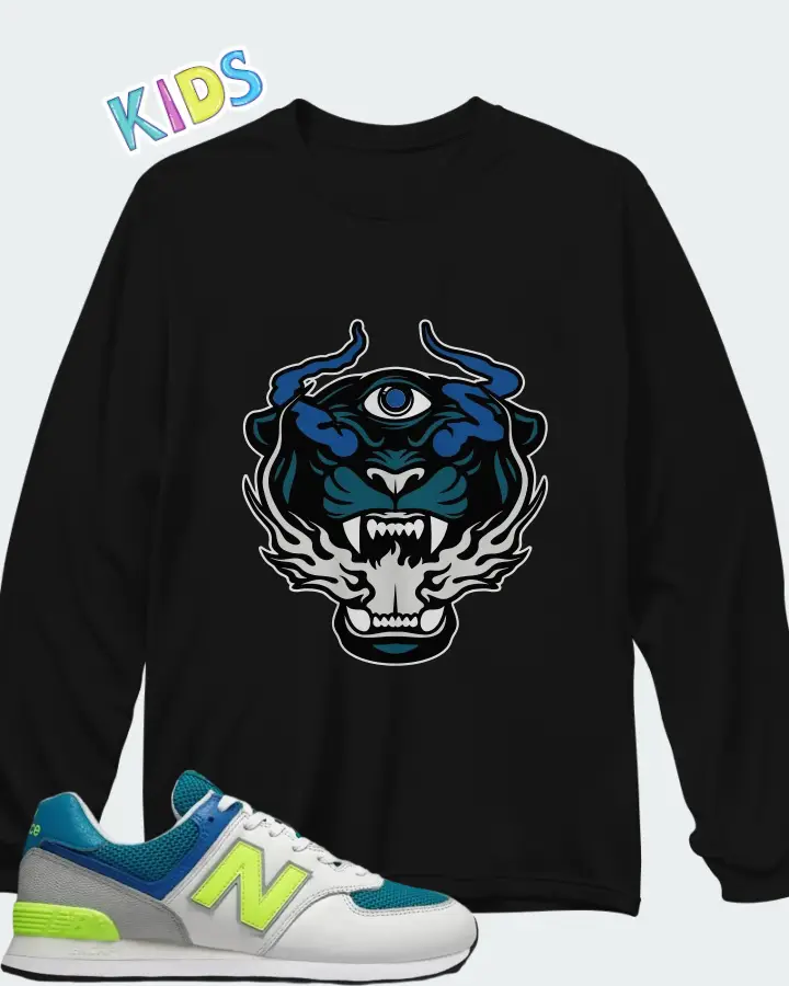 New Balance 574 Deep Ozone Blue Bleached Lime Matching Kid's Long Sleeve T-Shirt