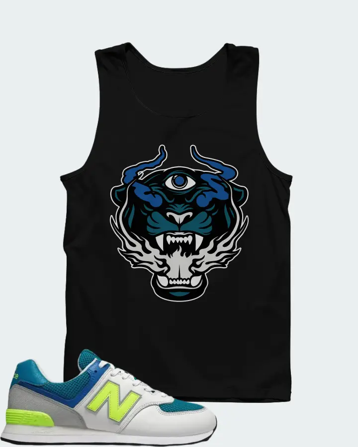 New Balance 574 Deep Ozone Blue Bleached Lime Matching Tank Top