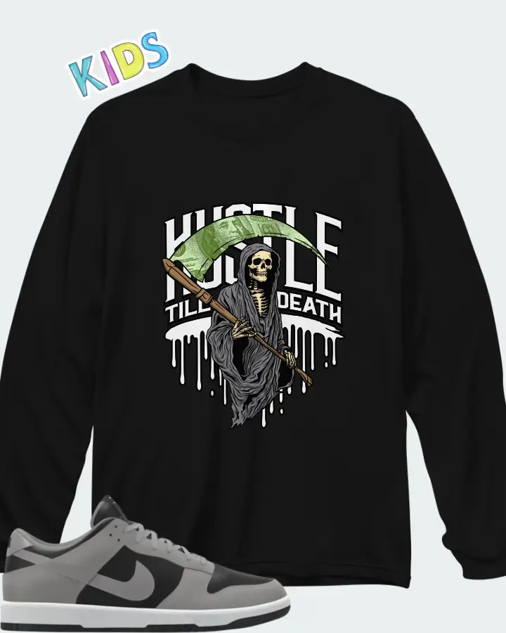 Nike Dunk Low By You Custom Black Grey Matching Kid's Long Sleeve T-Shirt