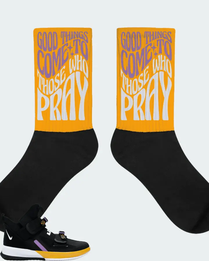 Nike LeBron Soldier 13 Sneaker Matching Gold Socks - Good Things Come To Those Who Pray