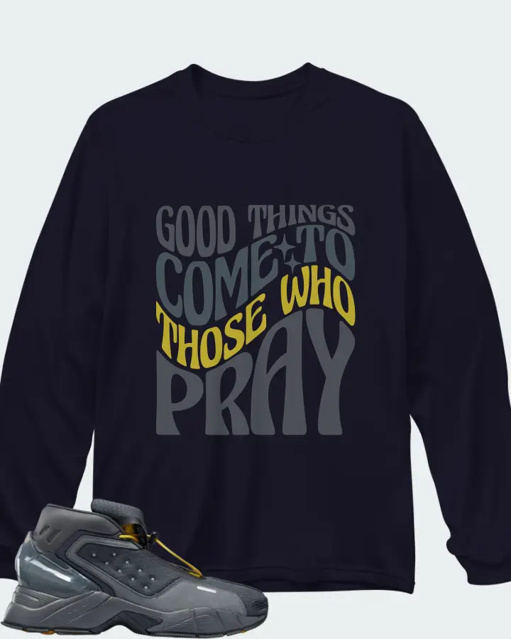 Reebok Ecto Boot Sneaker Matching Navy Long Sleeve T-Shirt - Good Things Come To Those Who Pray