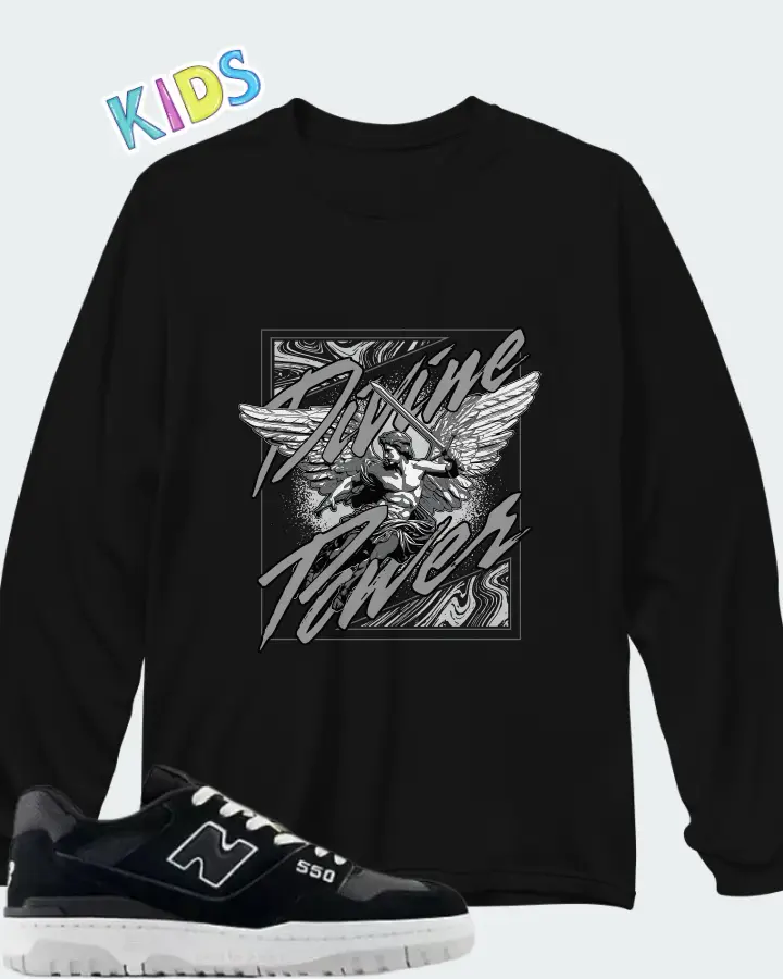 New Balance 550 Black White Grey Matter Matching Kid's Long Sleeve T-Shirt