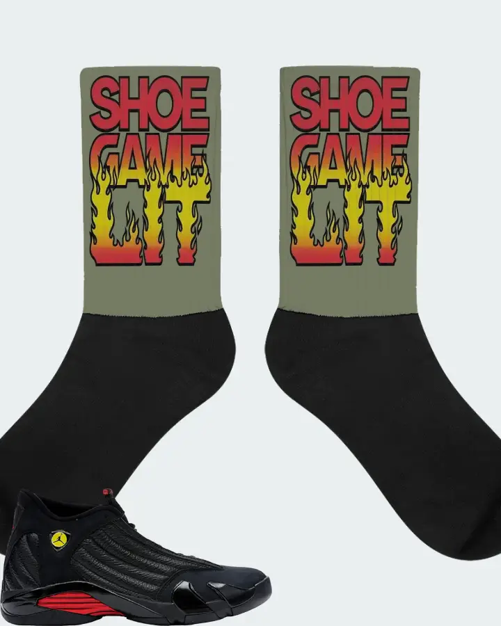 Jordan 14 Retro Sneaker Matching Olive Socks - Shoe Game Lit Refreshed