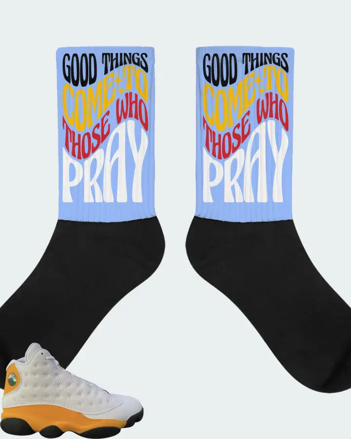 Jordan 13 Retro Sneaker Matching Carolina Blue Socks - Good Things Come To Those Who Pray