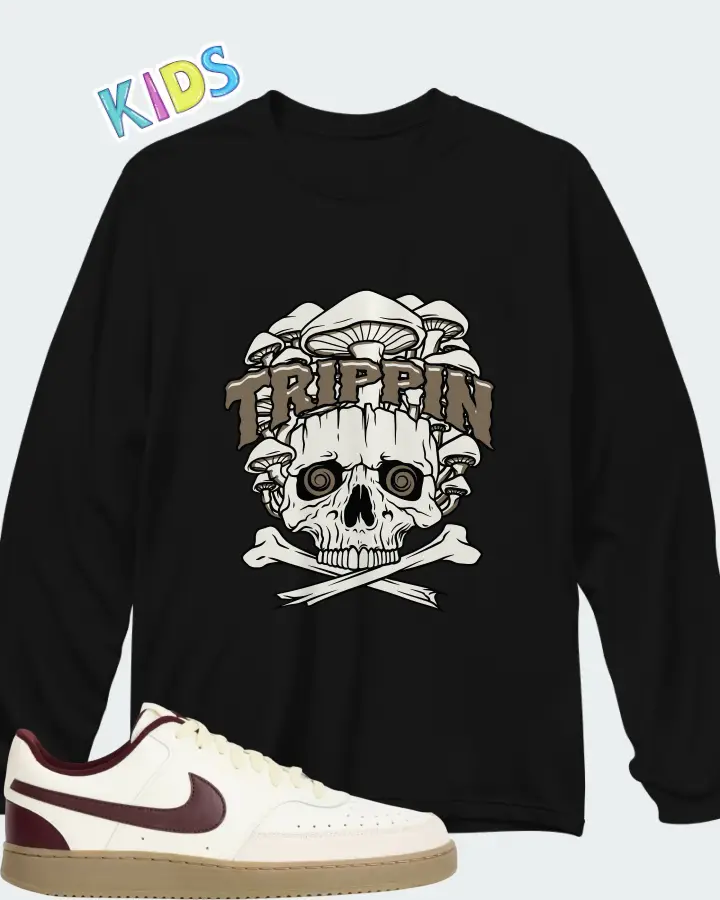 Nike Court Vision Low Sail Burgundy Crush Matching Kid's Long Sleeve T-Shirt