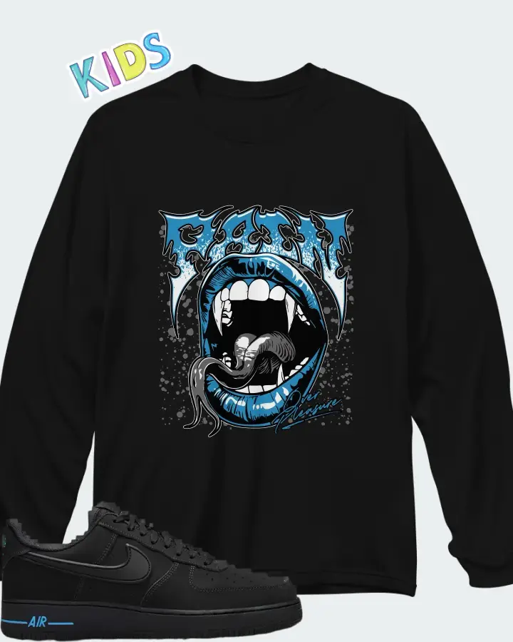 Nike Air Force 1 '07 Black University Blue Matching Kid's Long Sleeve T-Shirt
