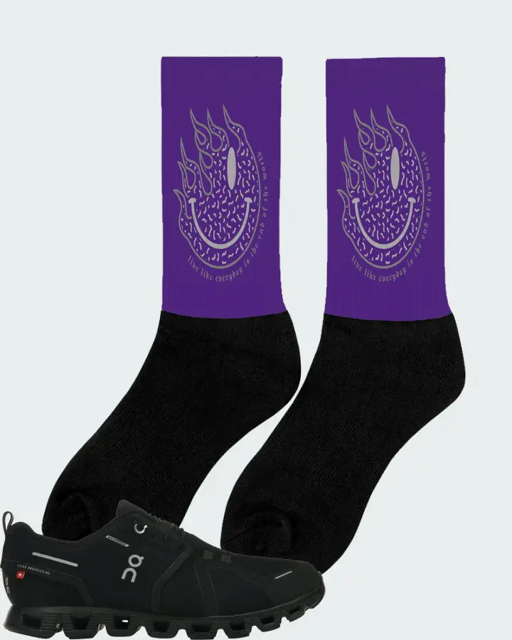 On Running Cloud 5 Waterproof Sneaker Matching Purple Socks (Keep Smiling) - View 3
