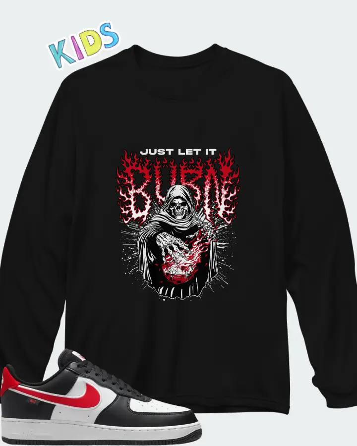 Nike Air Force 1 '07 Next Nature Black White University Red Matching Kid's Long Sleeve T-Shirt