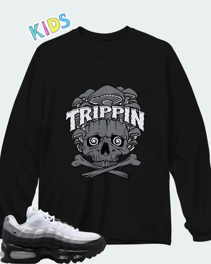 Nike Air Max 95 Big Bubble Black White Wolf Grey Matching Kid's Long Sleeve T-Shirt