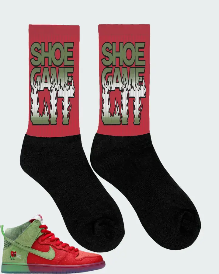 Nike SB Dunk High Strawberry Cough Sneaker Matching Red Socks (Shoe Game Lit Refreshed) - View 2