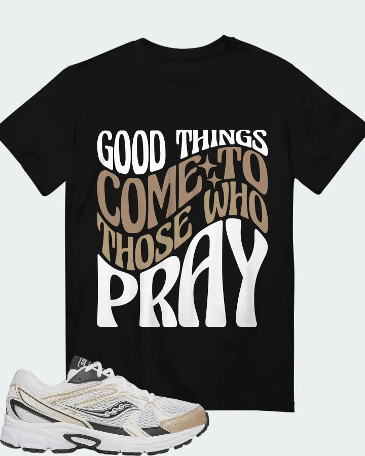 Saucony Grid Ride Millennium White Gold Black Sneaker Matching Black T-Shirt - Good Things Come To Those Who Pray