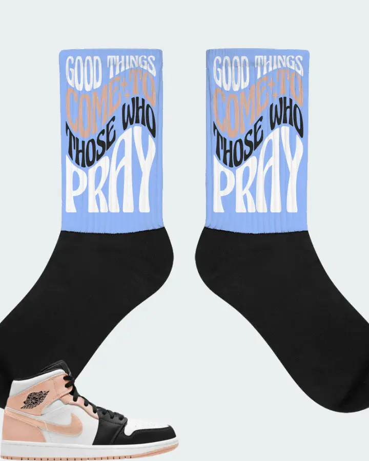 Jordan 1 Mid Sneaker Matching Carolina Blue Socks - Good Things Come To Those Who Pray