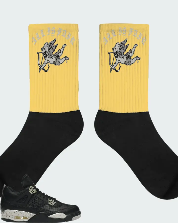 Jordan 4 Retro Sneaker Matching Yellow Socks (All Is Fair) - View 1
