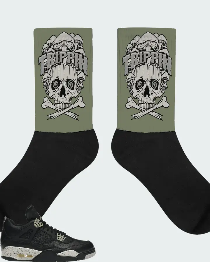 Jordan 4 Retro Sneaker Matching Olive Socks (Trippin Skull) - View 1