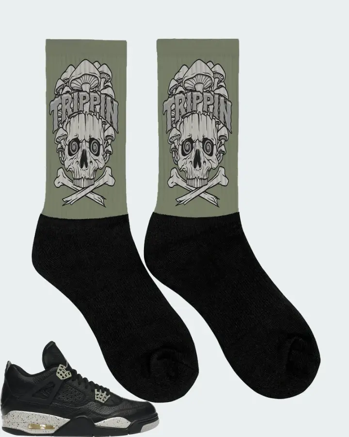 Jordan 4 Retro Sneaker Matching Olive Socks (Trippin Skull) - View 2