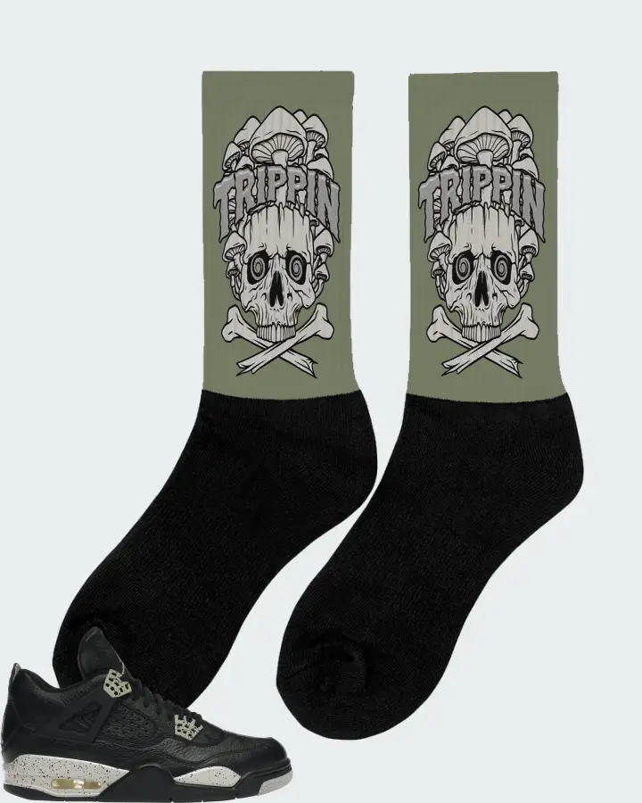 Jordan 4 Retro Sneaker Matching Olive Socks (Trippin Skull) - View 3