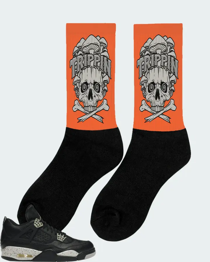 Jordan 4 Retro Sneaker Matching Orange Socks (Trippin Skull) - View 3